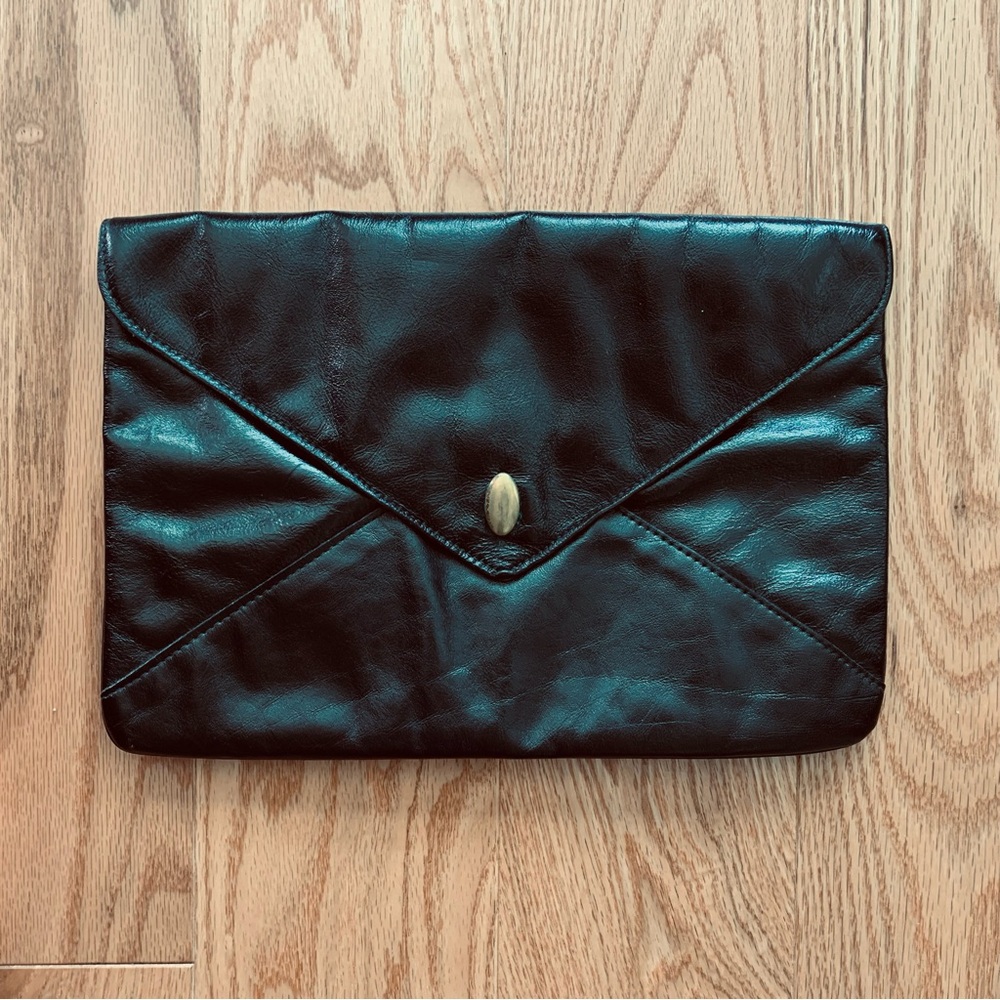Black Clutch with Glossy Finish and Envelope Design Zipper Compartment Gold Snap